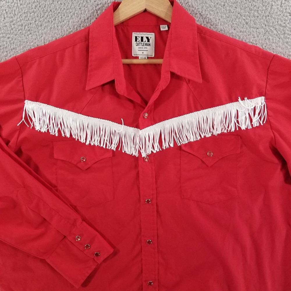 Ely Cattleman Shirt Mens 17.5 XL Red Fringe Pearl Snap Western Rodeo Cowboy